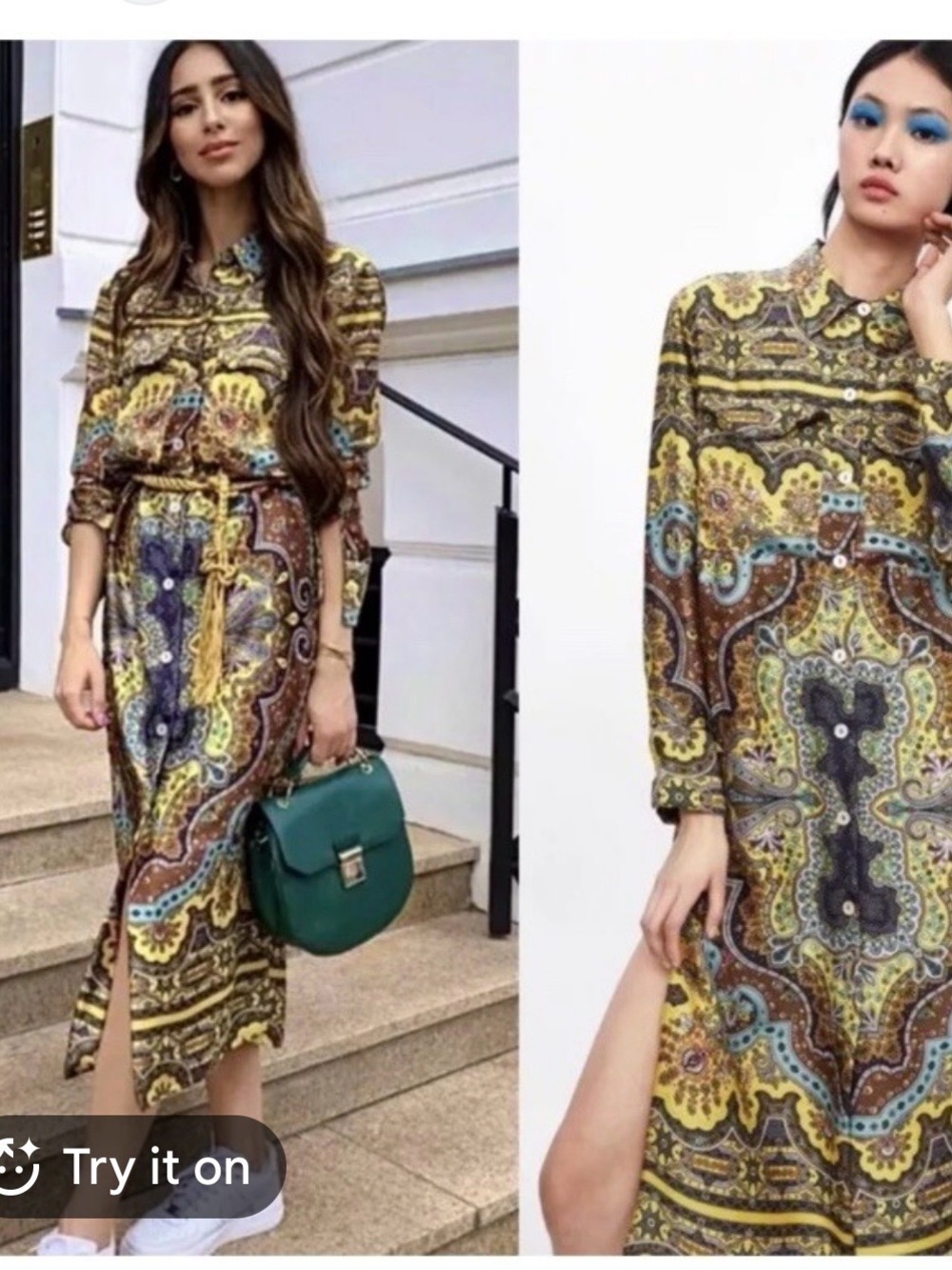Zara Paisley Midi Shirt Dress in Yellow, Brown and Blue